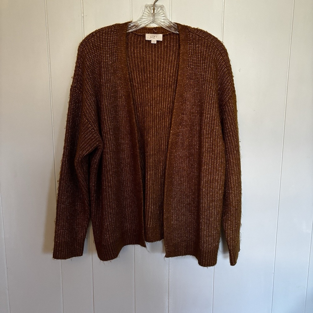 LOFT Outlet Cardigan Womens L Brown Chunky Knit Open Front Cozy Fall Sweater